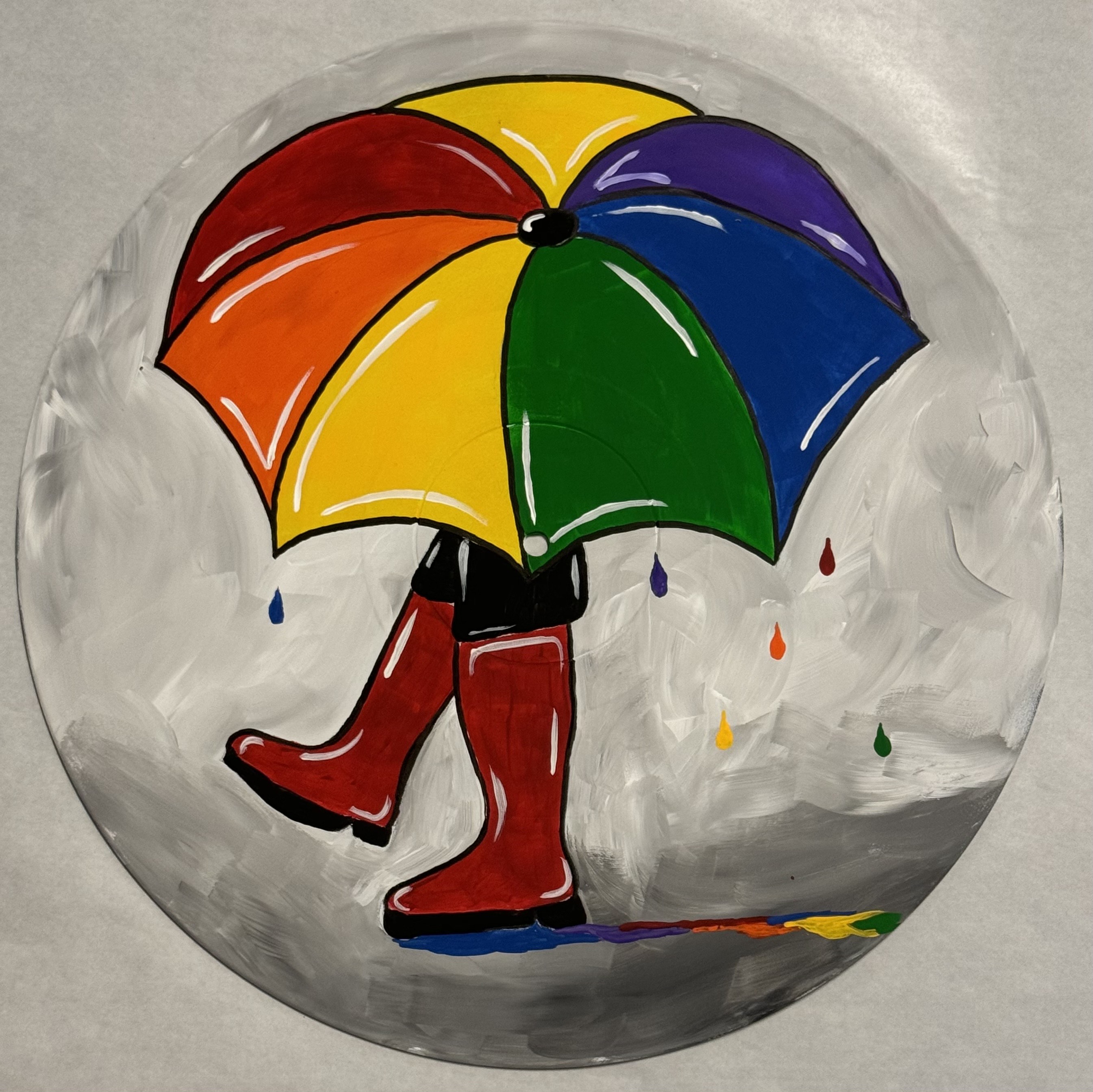 Record art. A kid holding an umbrella in the rain.