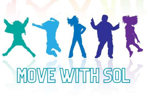 Children jumping with text Move with Sol