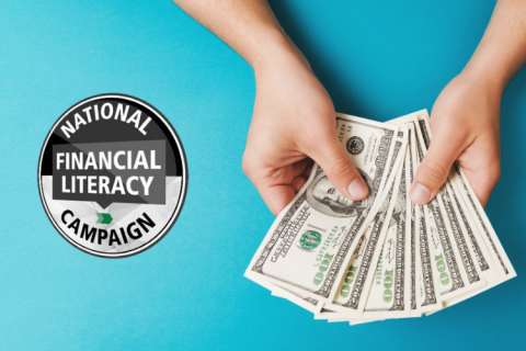 Hand holding money with National Financial Literacy Foundation logo