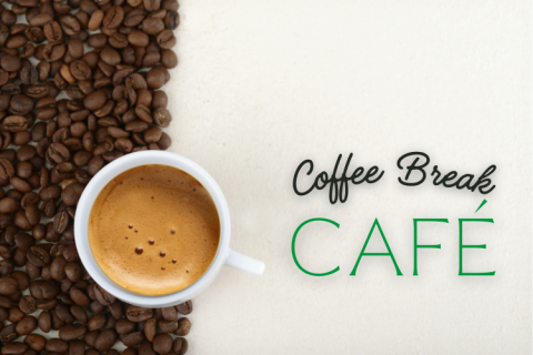 Coffee Break Cafe logo with a cup of coffee and coffee beans