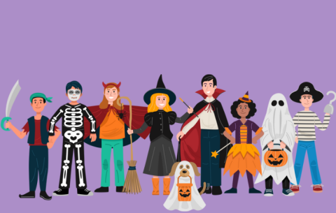 Photo of cartoon like children in various Halloween costumes