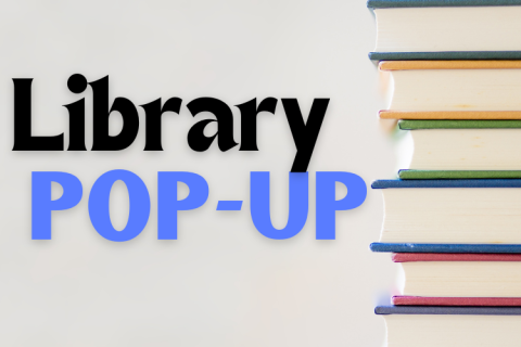 Library Pop-Up logo with white background and books on the side.