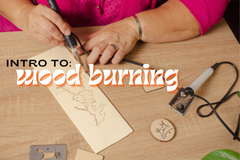 a person using a wood burning kit on a table. with words wood burning 101