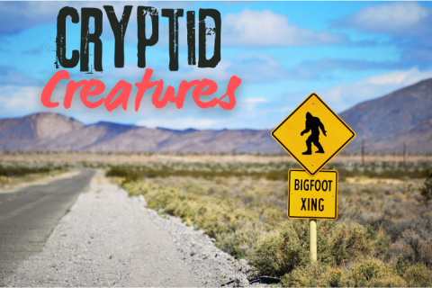 Picture of a Bigfoot crossing sign in the desert. with words cryptid creatures