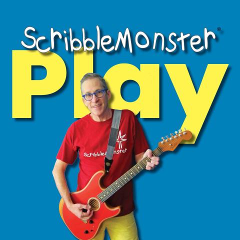 man with guitar against blue background and text that says ScribbleMonster Play