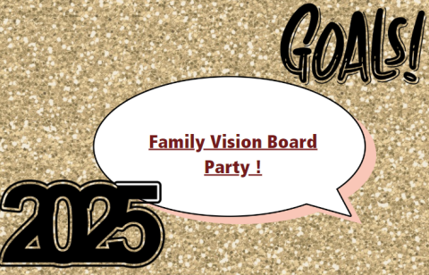 Gold glitter background and text that says 2025, Family Vision Board, goals.