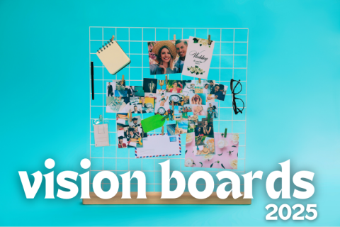 A vision board with pictures of friends and family on a baby blue background. 