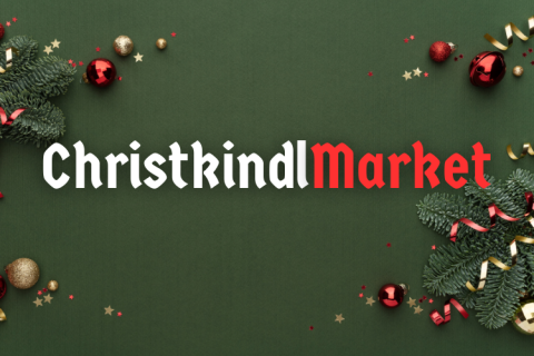 Christkindlmarket title in white and red. Dark green background with Christmas decor.