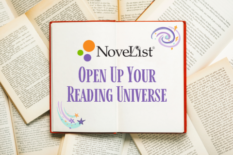 Open book with NoveList logo, galaxy and star graphics