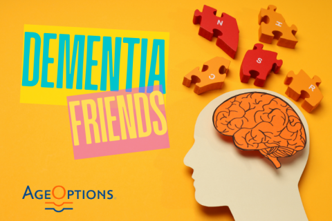 Human cut out showing brain, with puzzle pieces. Title, "Dementia Friends"