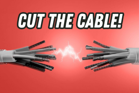 Electric cord cut against red background with "Cut the Cable!" text