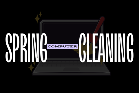 Text of "Spring (Computer) Cleaning" in front of laptop and broom graphic