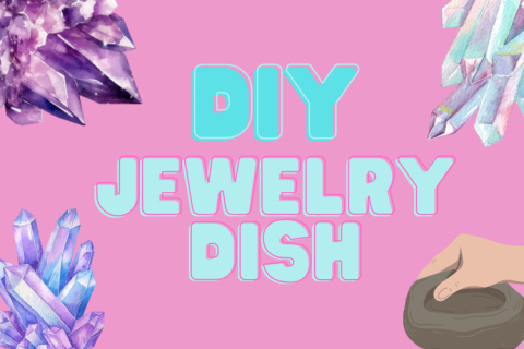 Crystals and hand creating clay jewelry dish with text "DIY Jewelry Dish"