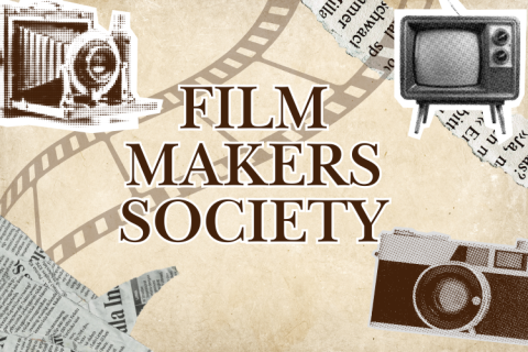 Vintage, grainy graphics of television set and cameras with text "Film Makers Society"