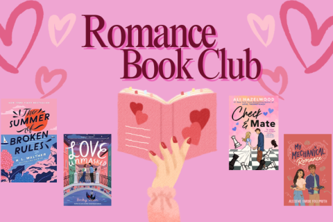 Pink background with multicolored hearts and books covers of young adult romance novels