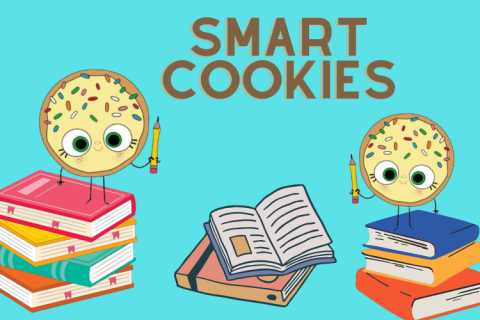 Illustrated cookies on top of book stacks