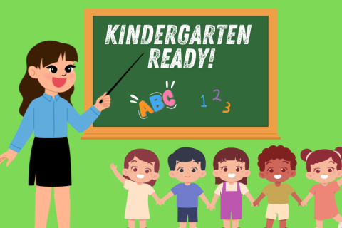 Illustrated teacher pointing to chalkboard with text "Kindergarten Ready!" in front of a group of diverse children