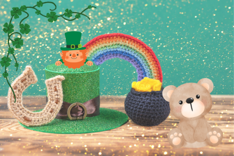 Knit leprechaun, rainbow with pot of gold, and horseshoe with teddy bear graphic