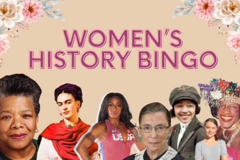 Prominent women from history with text "Women's History Bingo"