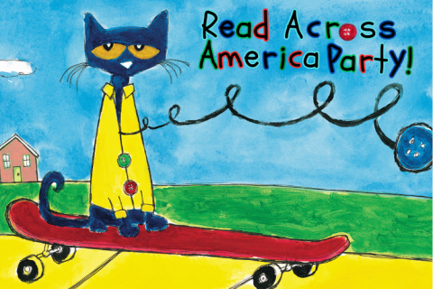 Illustration of Pete the Cat on a skateboard with text "Read Across America Party!"