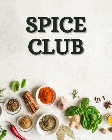 Spice Club logo and a variety of whole and ground spices