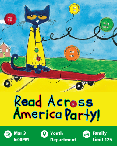 Pete the cat on skateboard with text "Read Across America Party"