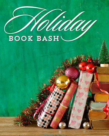 Stack of books with holiday decorations on top with text "Holiday Book Bash"