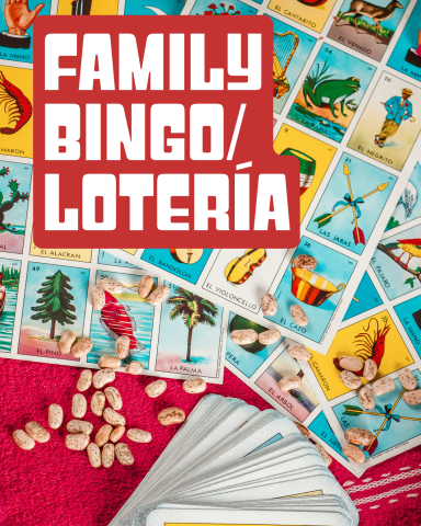 Loteria cards and beans with text "Family Bingo/Loteria"