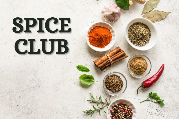 Spice Club logo and a variety of whole and ground spices