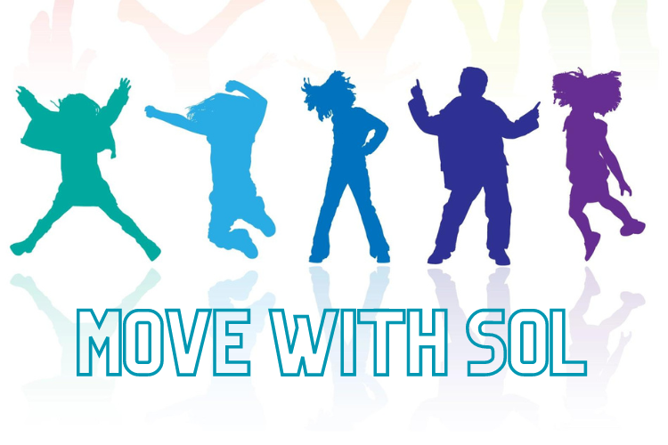 silhouettes of Children jumping with text Move with Sol