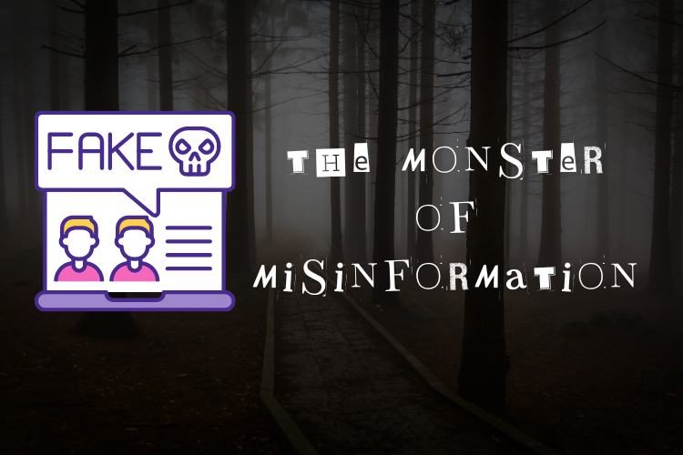 Spooky forest with fake website graphic and text "Monster of Misinformation"