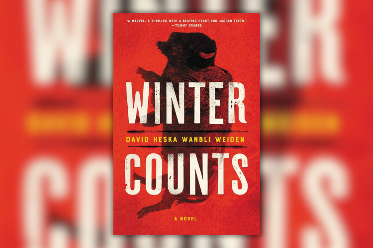 Book cover of Winter Counts featuring red background with bison