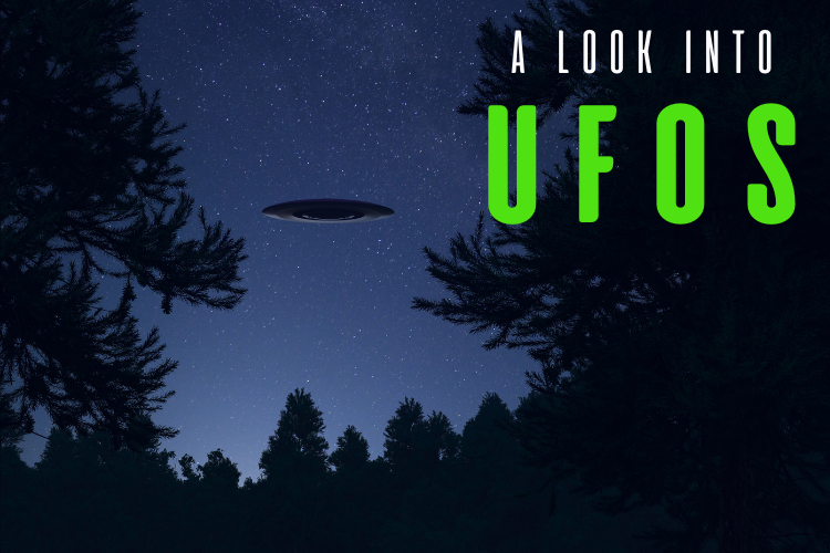 A flying suacer at night. Title, "A look into UFOs".