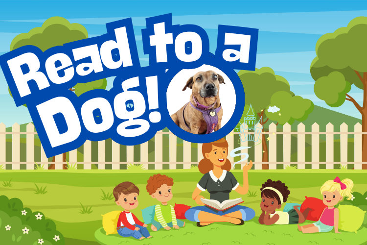 Illustrated story time outdoors with text "Read to a Dog"