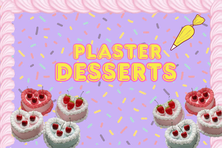 Illustrated purple and pink cake background with text "Plaster Desserts"