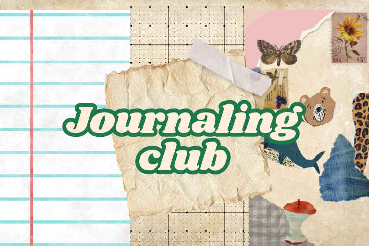 Variety of papers with scrapbook ephemera and text "Journaling Club"